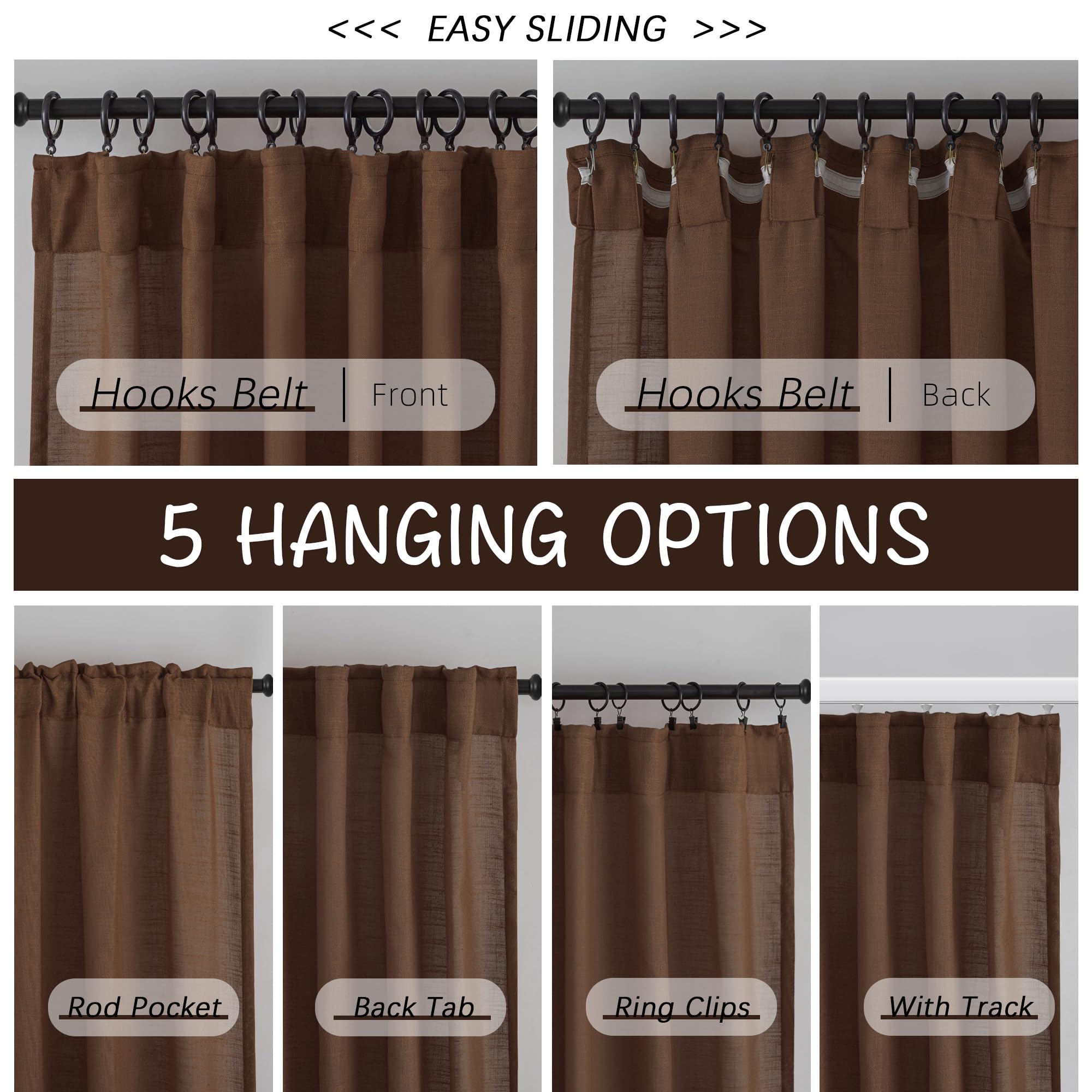 Cocoa Brown Linen Back Tab Curtains 72 Inches Long 2 Panels Set For Guest Room - Modern Country Rod Pocket Semi Sheer Privacy Drapes Hooks Belt Pleated Light Filtering Playroom Curtains