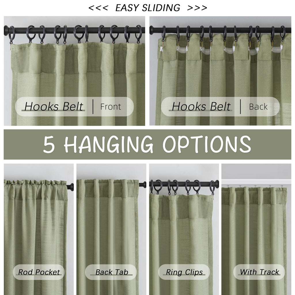 Donren Sage Green Linen Back Tab Curtains 84 Inches Long 2 Panels Set For Bedroom - Modern Farmhouse Hooks Belt Pleated Semi Privacy Drapes Shabby Chic Pocket Light Filtering Window Curtains