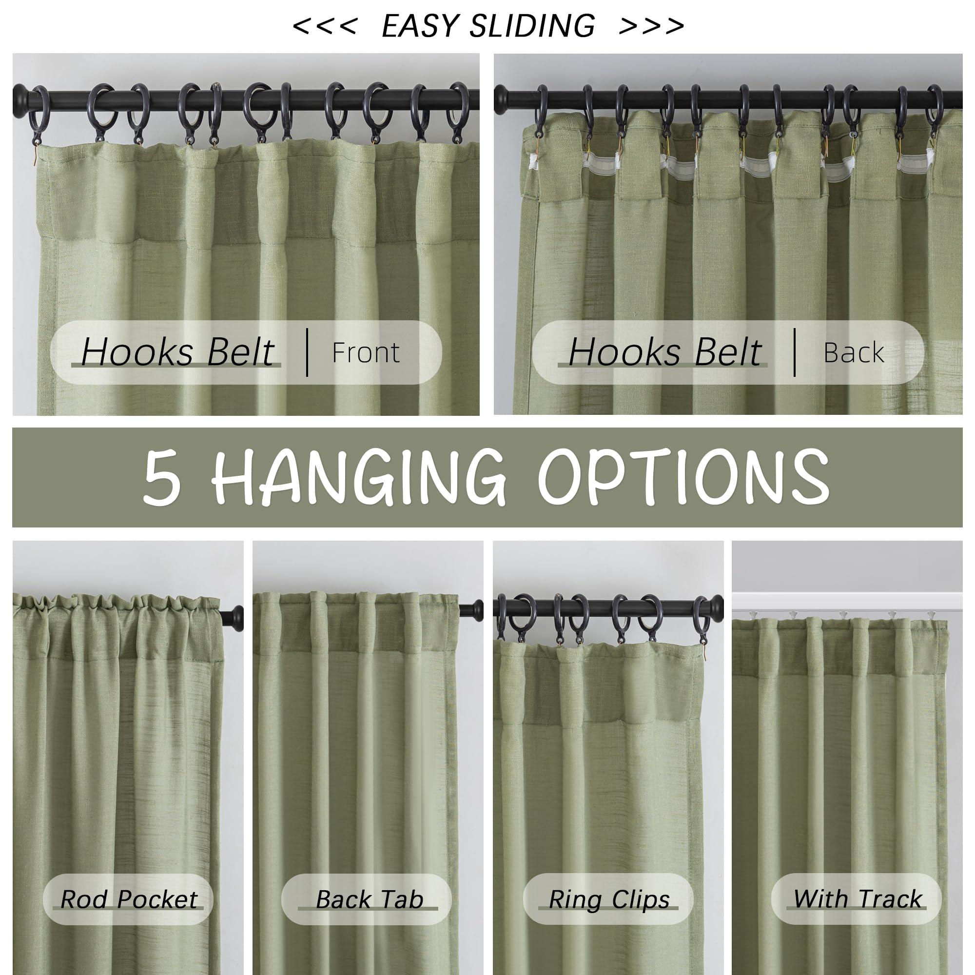 Donren Sage Green Linen Back Tab Curtains 84 Inches Long 2 Panels Set For Bedroom - Modern Farmhouse Hooks Belt Pleated Semi Privacy Drapes Shabby Chic Pocket Light Filtering Window Curtains