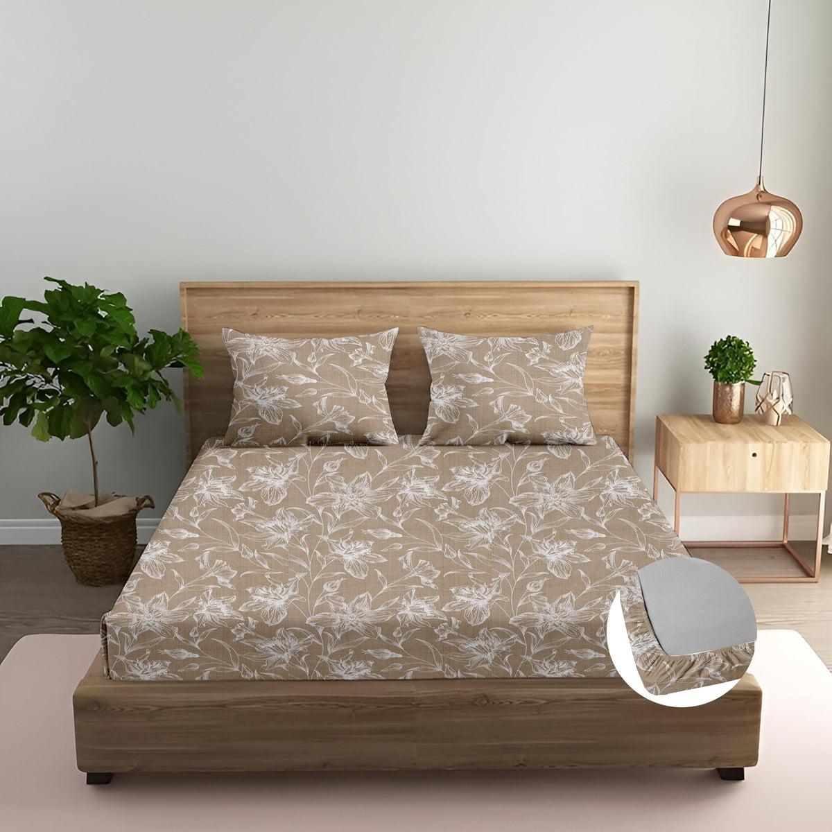 Trance Home Linen 100% Cotton 144TC Elastic Fitted Bedsheet | Printed Queen Bed Size Elasticate Fitted Bedspread with 2 Pillow C