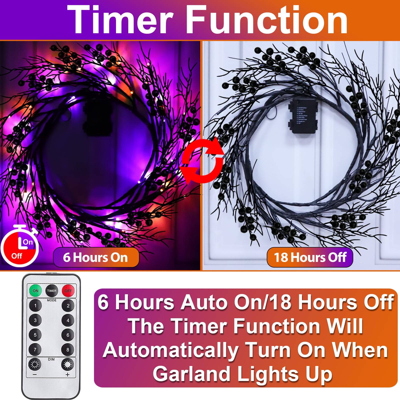 Halloween Garland Purple & Orange Lights Halloween Decorations,6 Ft 54 Led Halloween Willow Vine Twig Timer 8 Modes Remote Contr
