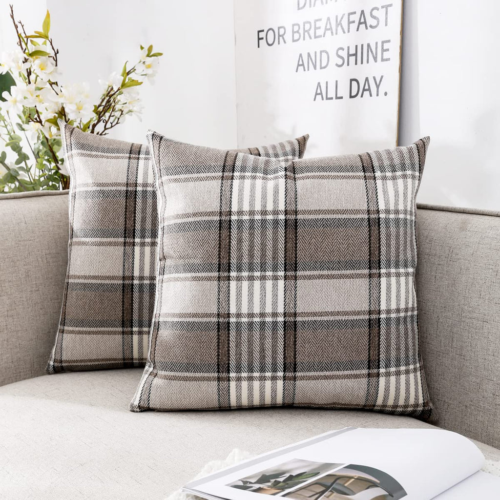 CARRIE HOME 26 x 26 European Pillow Covers Set of 2 Brown Tartan Euro Pillow Covers 26x26 Farmhouse Decorative Throw Pillow Cove