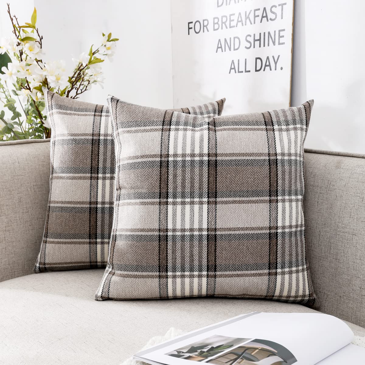 CARRIE HOME 26 x 26 European Pillow Covers Set of 2 Brown Tartan Euro Pillow Covers 26x26 Farmhouse Decorative Throw Pillow Cove