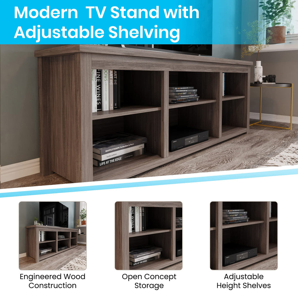 Flash Furniture Kilead TV Stand for up to 80" TVs - Modern Gray Wash Oak Finish - 65" Engineered Wood Framed Media Console - 6 Open Storage Compartments