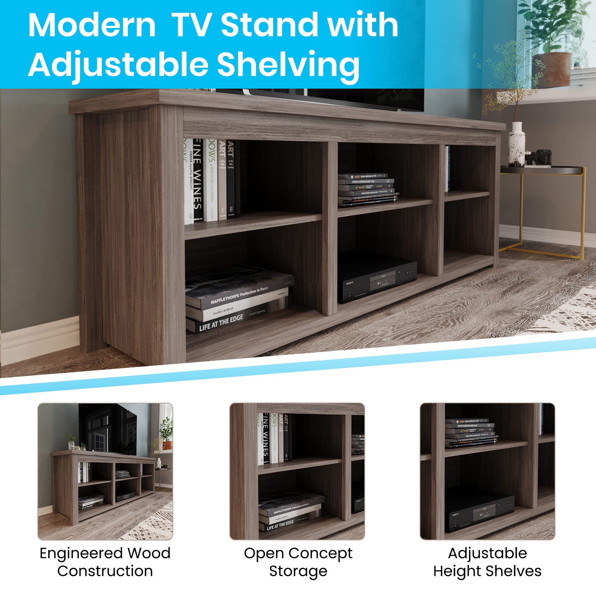 Flash Furniture Kilead TV Stand for up to 80" TVs - Modern Gray Wash Oak Finish - 65" Engineered Wood Framed Media Console - 6 Open Storage Compartments