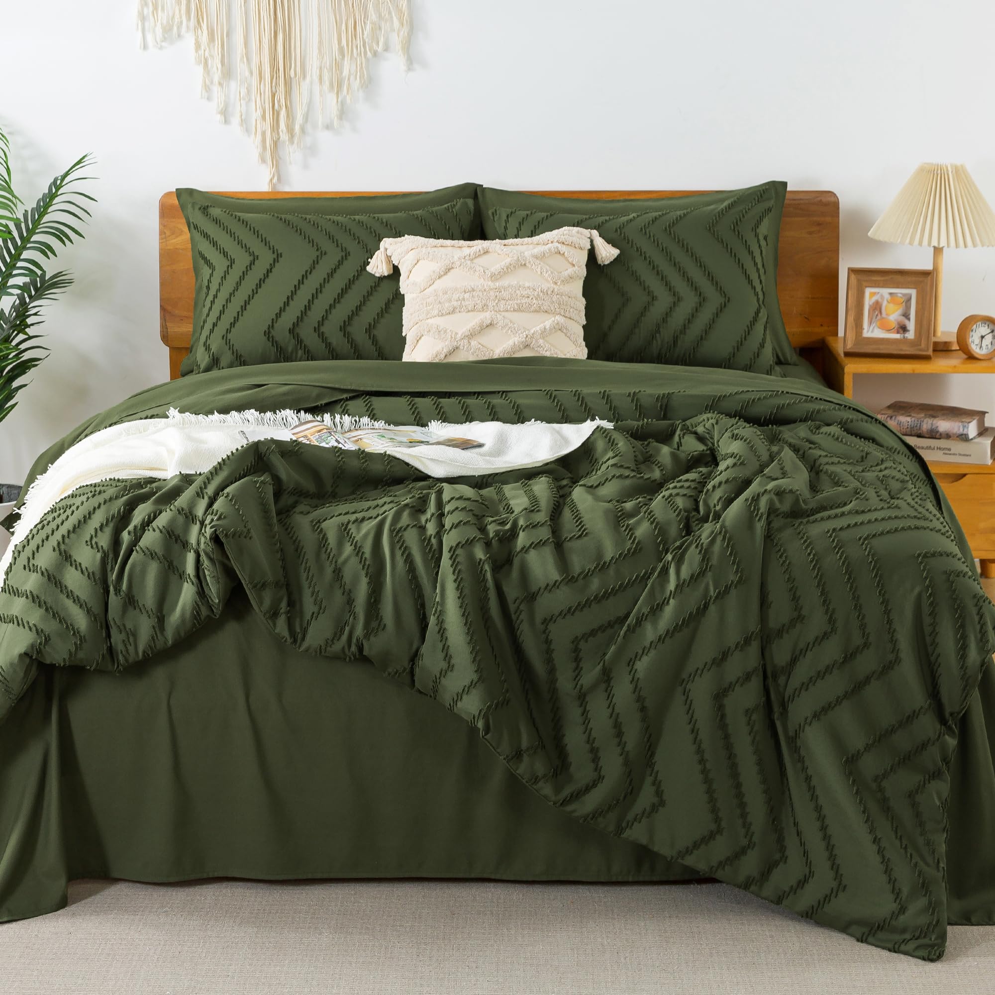 Litanika King Size Comforter Set With Sheets Dark Olive Green - 7 Pieces Bed In A Bag King Chevron Tufted Complete Beddding Sets