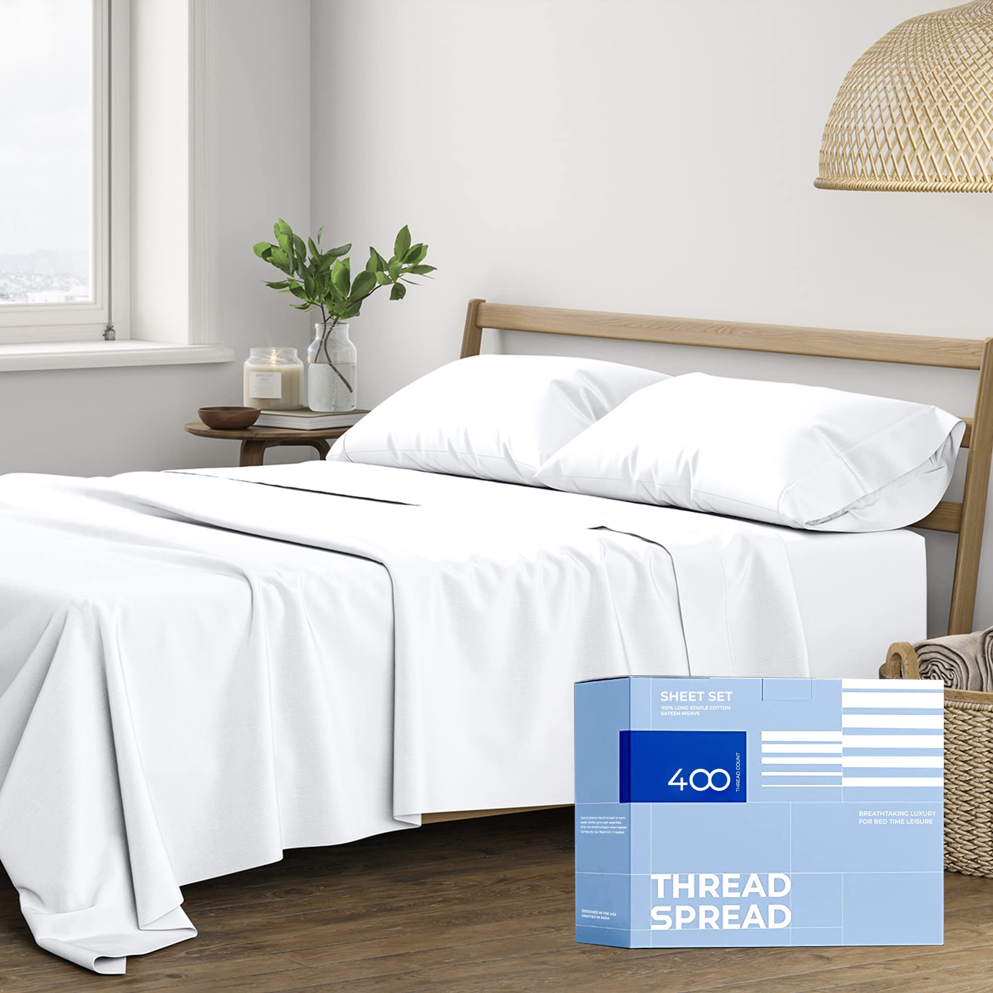 Thread Spread California King Sheets - 400 Thread Count 100% Cotton Sheets California King, 4 Pc Cal King Sheets Set, Extra Soft