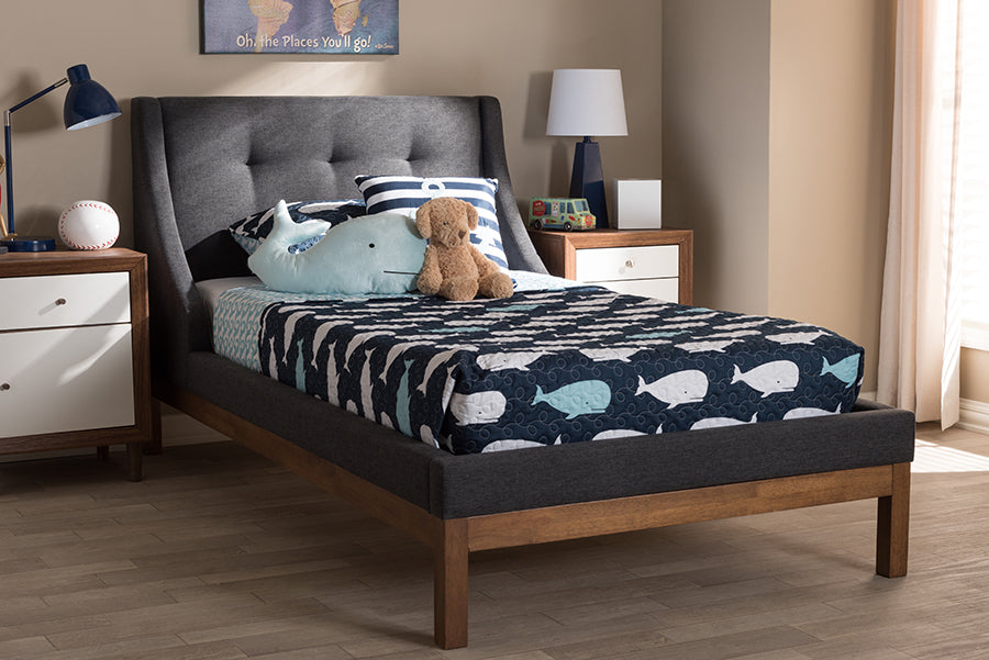 Baxton Studio Louvain Modern And Contemporary Dark Grey Fabric Upholstered Walnutfinished Twin Sized Platform Bed