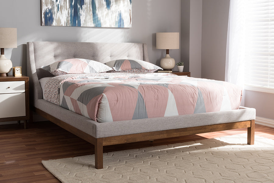 Baxton Studio Louvain Modern And Contemporary Greyish Beige Fabric Upholstered Walnutfinished Full Sized Platform Bed