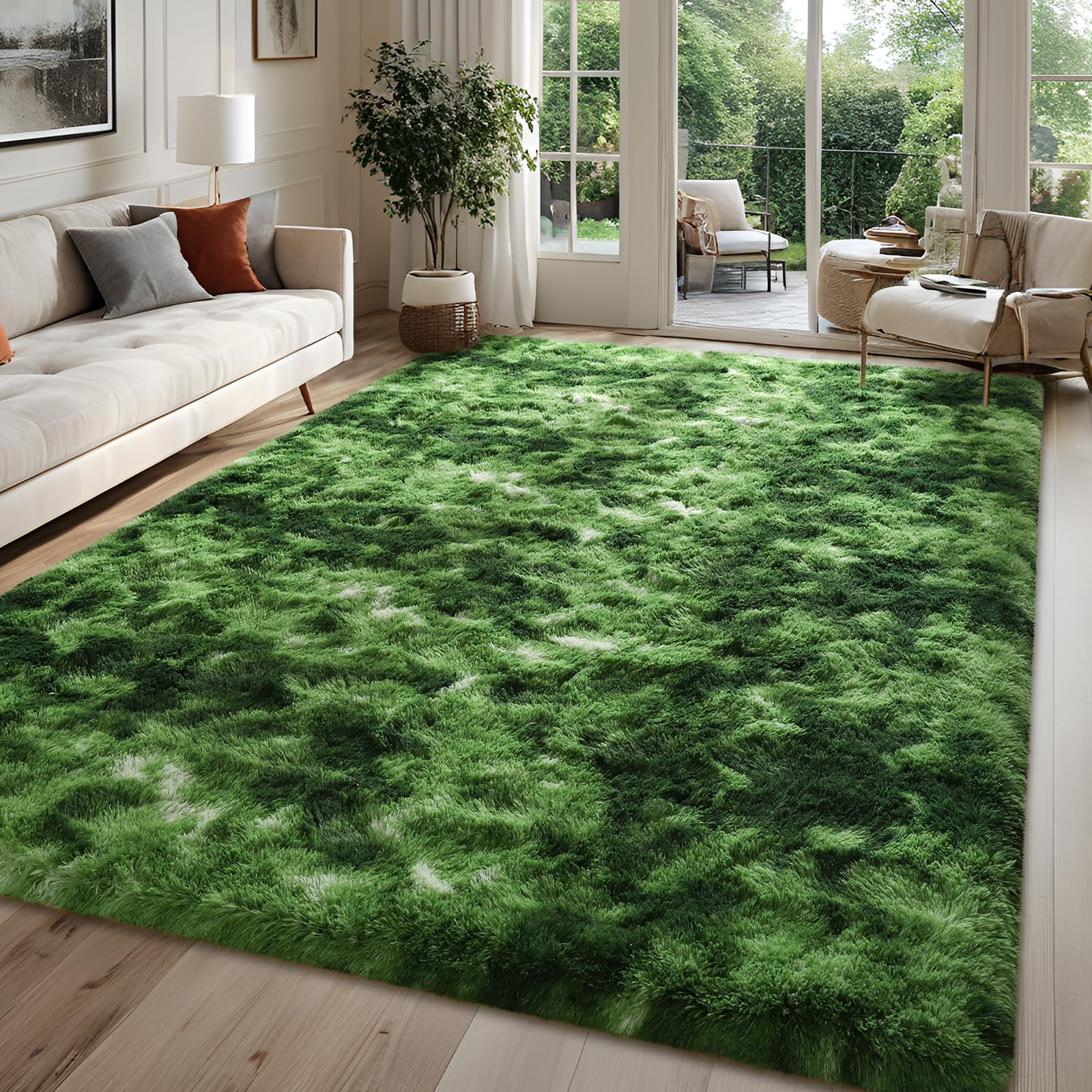 FALARK Large Soft Area Rugs for Bedroom Living Room, 6x9 ft Dark Green Tie-Dyed Fluffy Rug Carpets for Girls Kids Room, Shaggy F