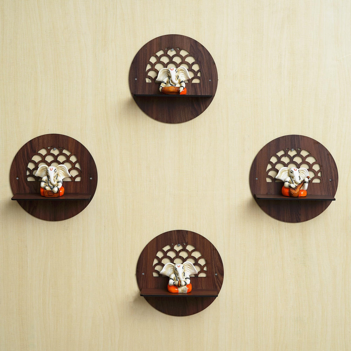 Ecraftindia Set Of 4 Brown Round Shaped Designer Wooden Wall Shelves | Stylish Home Decor And Storage Solution For Living Rooms,