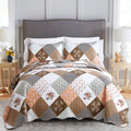 Dinjoy Floral Plaid Patchwork Quilt Set Queen Size, Reversible Brown Bedding Set Soft Microfiber Lightweight Bedspread Coverlet