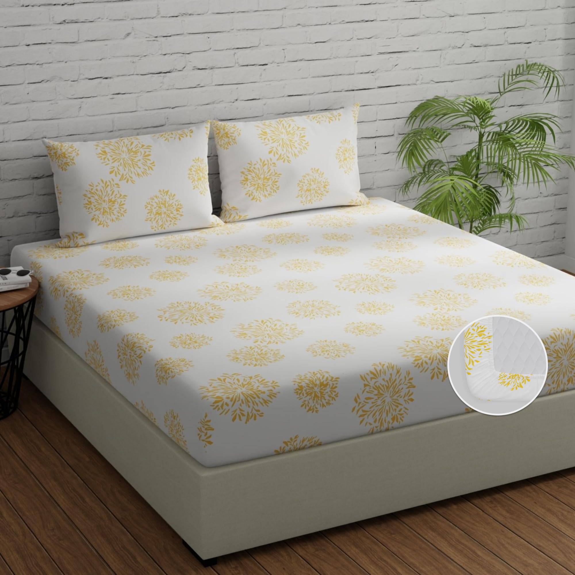 Huesland By Ahmedabad Cotton 144 Tc Cotton Fitted Bedsheets King Size With 2 Pillow Covers | 72 X 78 Inches | White (Yellow Prin
