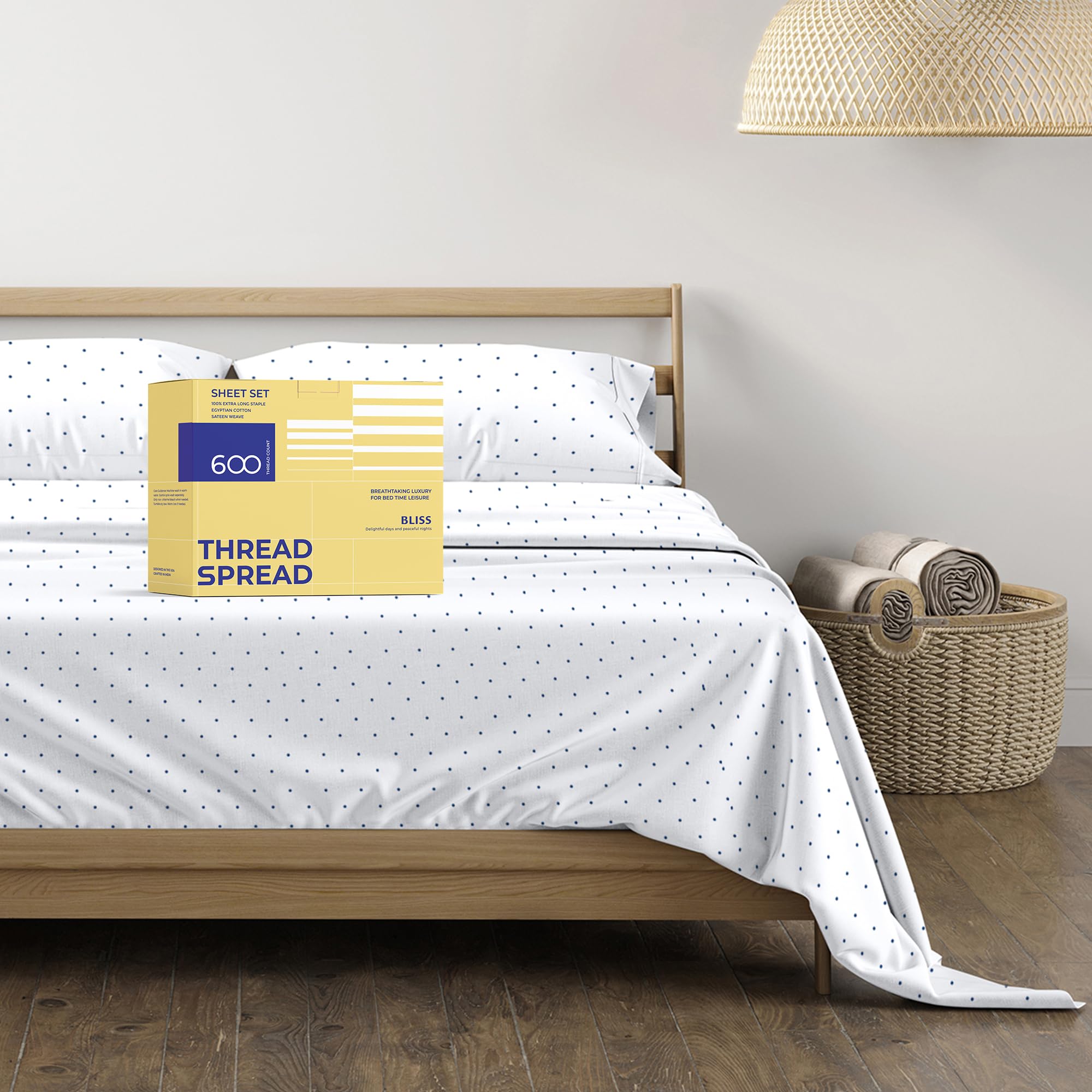 Thread Spread 100% Egyptian Cotton Printed Bed Sheets - 600 Thread Count 4 Pc Full Sheet Set, Hotel Luxury Sateen Bedsheets, 16' Deep Pocket Soft Cooling Sheets For Full Size Bed - Polka Dot - Navy