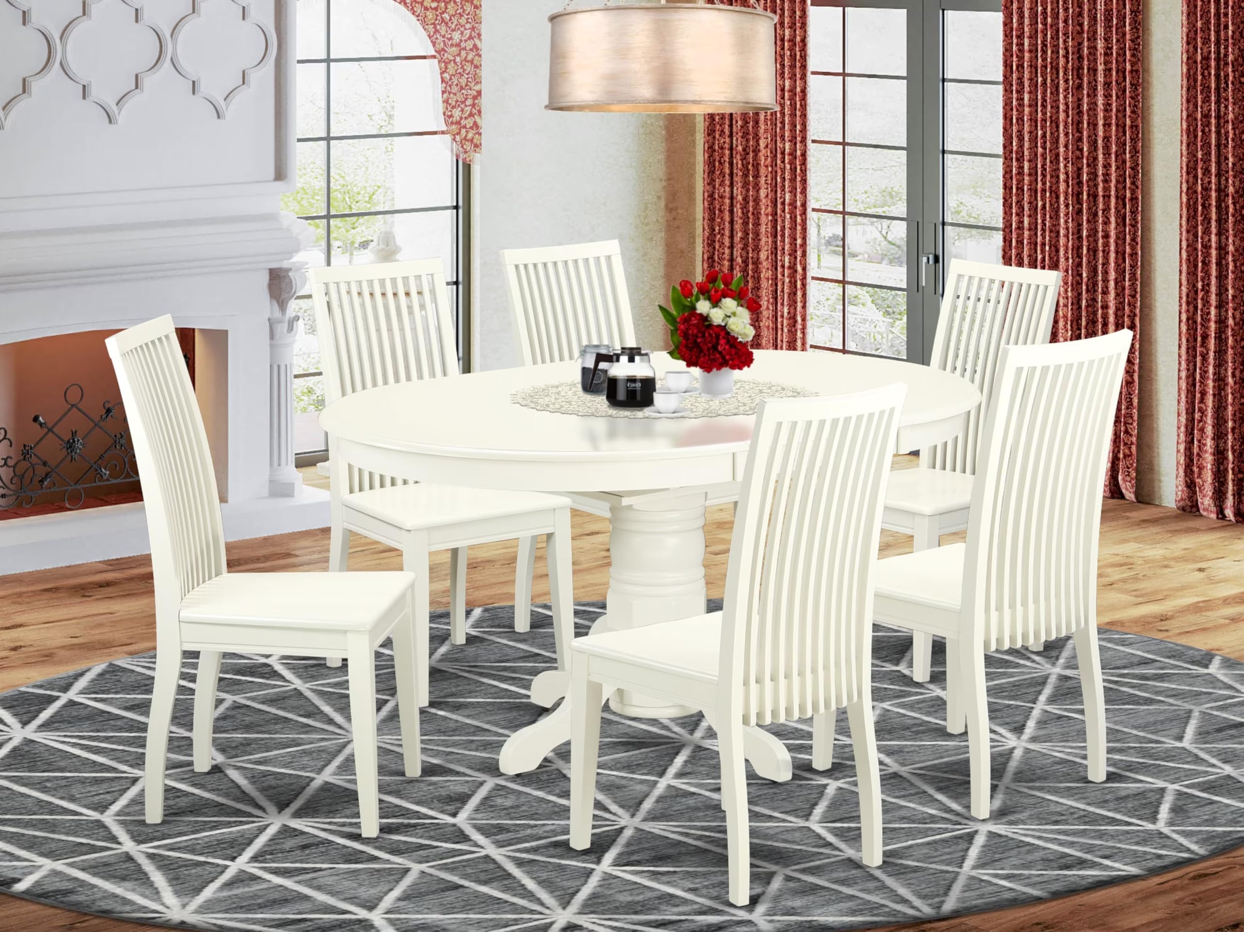 East West Furniture AVIP7-LWH-W 7 Piece Dining Room Table Set Consist of an Oval Wooden Table with Butterfly Leaf and 6 Kitchen Dining Chairs, 42x60 Inch, Linen White