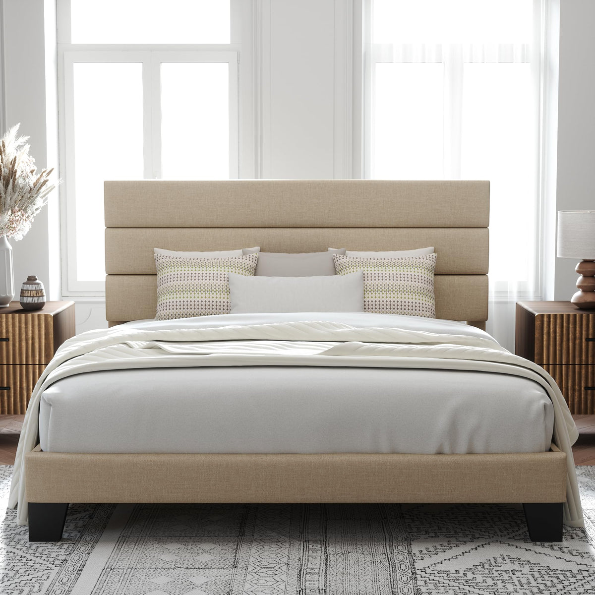 Allewie King Size Platform Bed Frame With Fabric Upholstered Headboard And Wooden Slats Support, Fully Upholstered Mattress Foundation/No Box Spring Needed/Easy Assembly, Beige