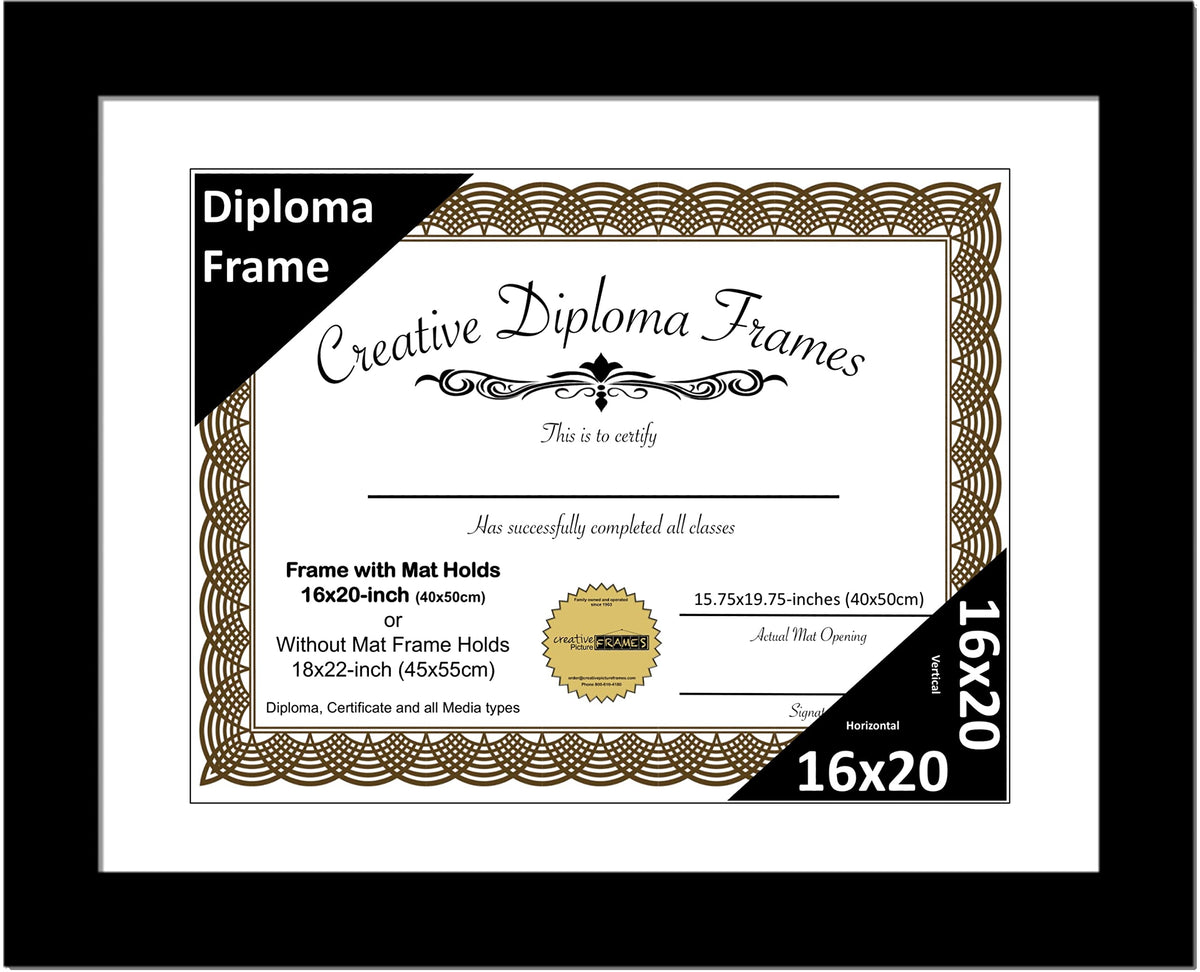 Creative Picture Frames 16x20 Classic Black Diploma Frame with White Mat Glass Easel and Installed Wall Hangers | Frame Holds 18