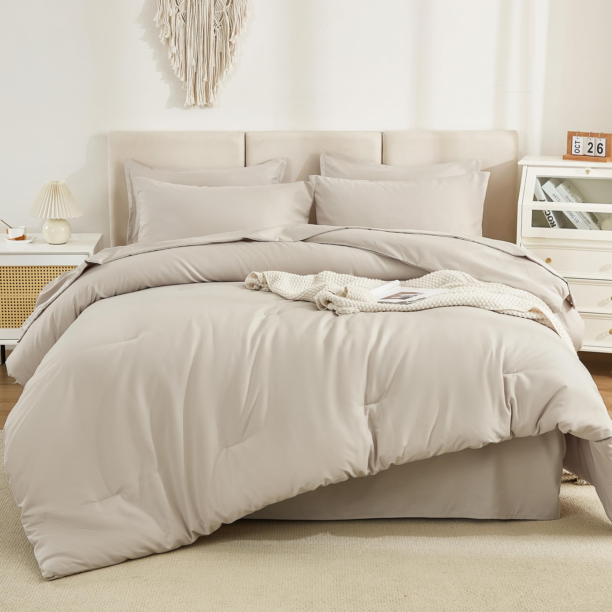 Litanika Comforter Full Size Set Tannish Grey - 7 Pieces Bed In A Bag Full Beddding Comforter Sets, Plain Lightweight Bed Set Wi