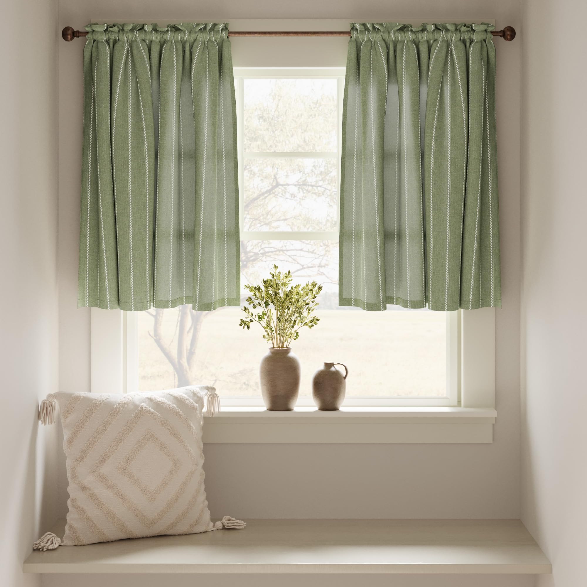 Jinchan Nautical Kitchen Curtains Striped Linen Curtains 36 Inches Farmhouse Tier Curtains Cafe Curtains For Living Room Bathroom Laundry Rv Rustic Half Window Curtains Light Filtering 2 Panels Green