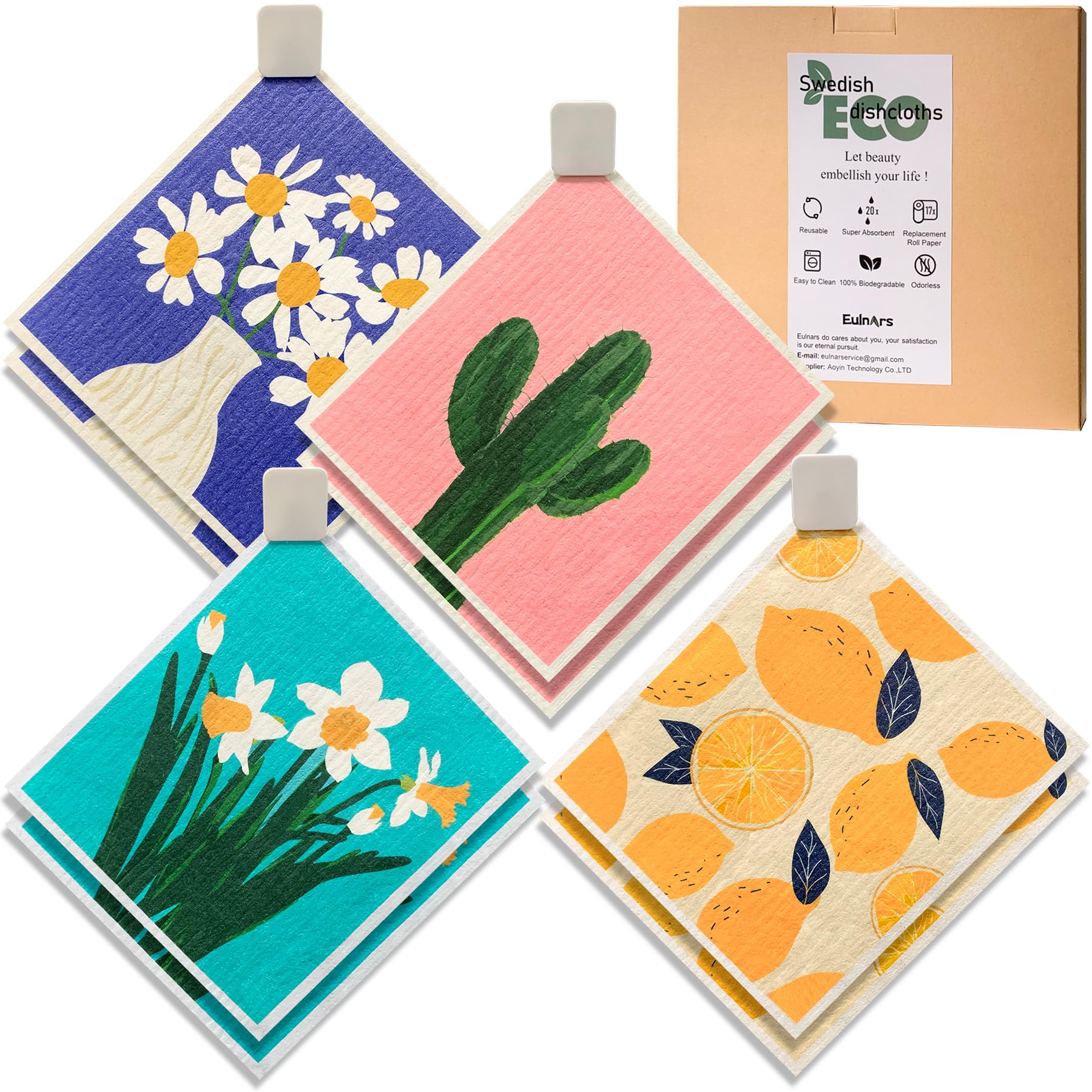 Eulnars Swedish Dishcloths for Kitchen, 8 Pack Reusable Paper Towels with Clips, Non-Scratch Swedish Dish Towels, Super Absorben