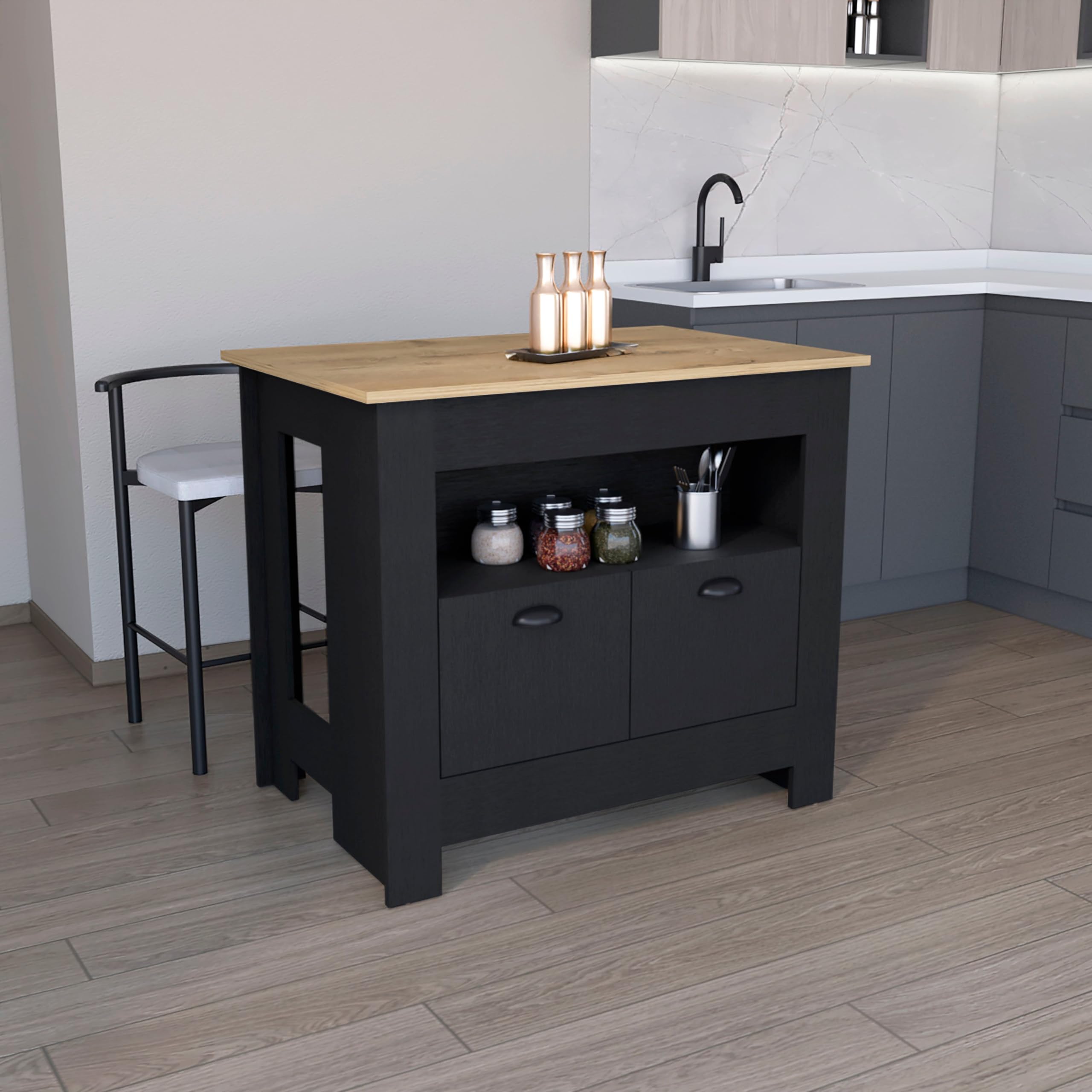 Depot E-Shop Floyd 35" H Kitchen Island, Whit 2 Doors, 3 Shelves, Black/Macadamia