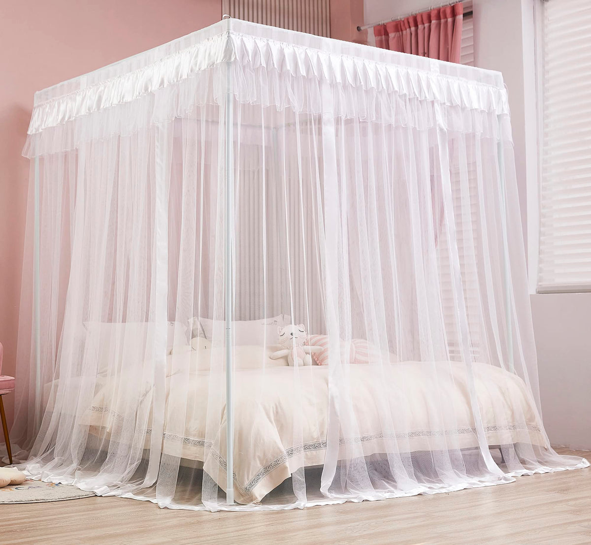 Mengersi Queen Size 4 Corners Post Canopy Bed Curtains Polyester White Princess Bedroom Decoration