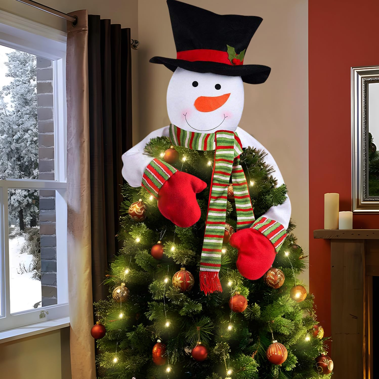 Christmas Tree Topper Snowman Hugger with Lights Strips - Xmas Holiday Winter Wonderland Party Decoration Ornament Supplies