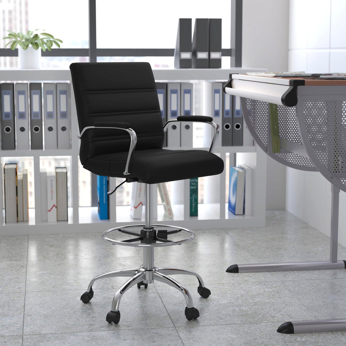 Flash Furniture Whitney Mid-Back Swivel LeatherSoft Drafting Chair with Padded Seat, Armrests, and Foot Ring, Adjustable Office Chair, Black/Chrome