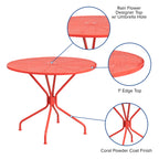 Flash Furniture Oia Commercial Grade 35.25" Round Coral Indoor-Outdoor Steel Patio Table with Umbrella Hole