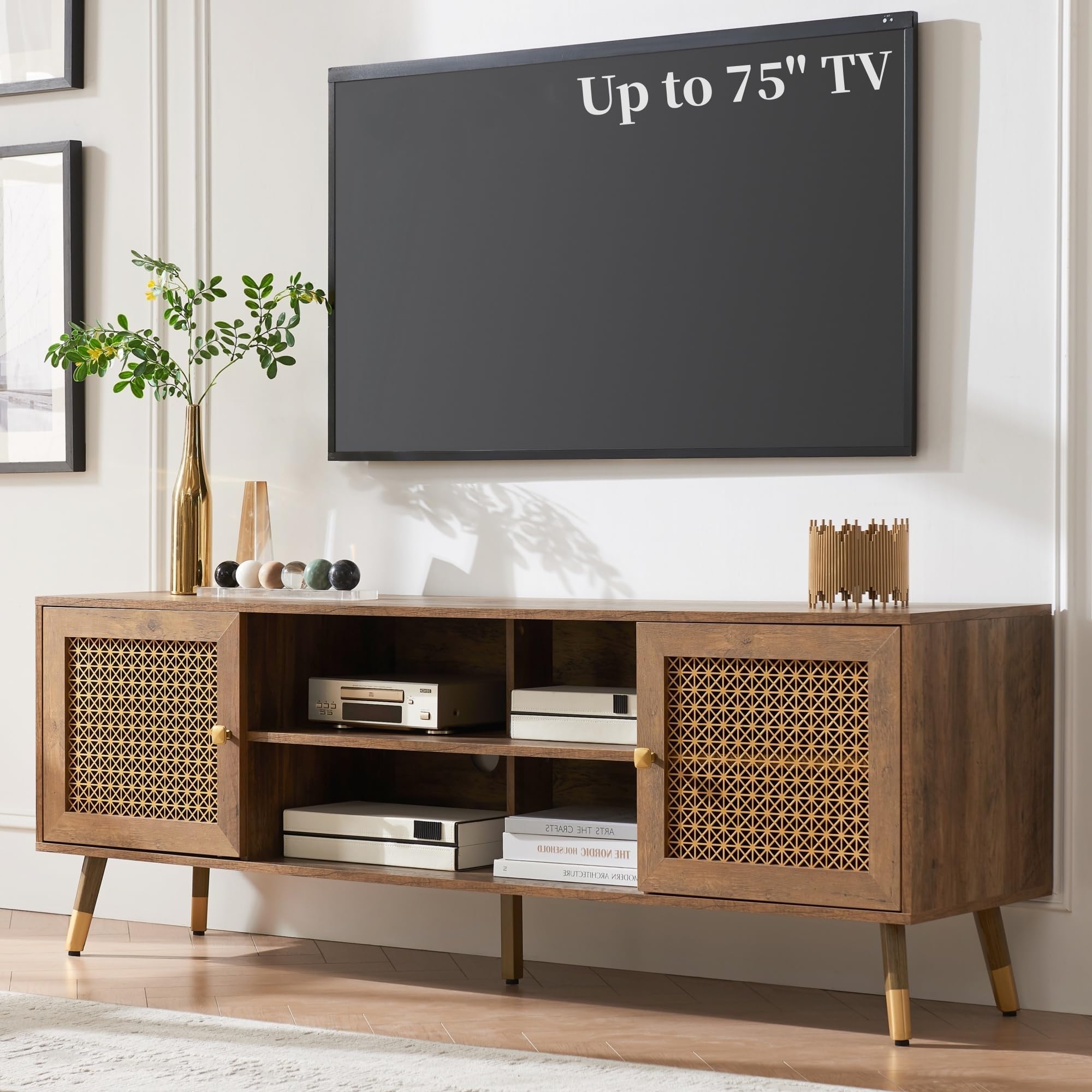 JYED DECOR Modern Entertainment Center for TVs up to 75 inches, Boho TV Console with Storage Cabinet and Open Shelves, Large TV 