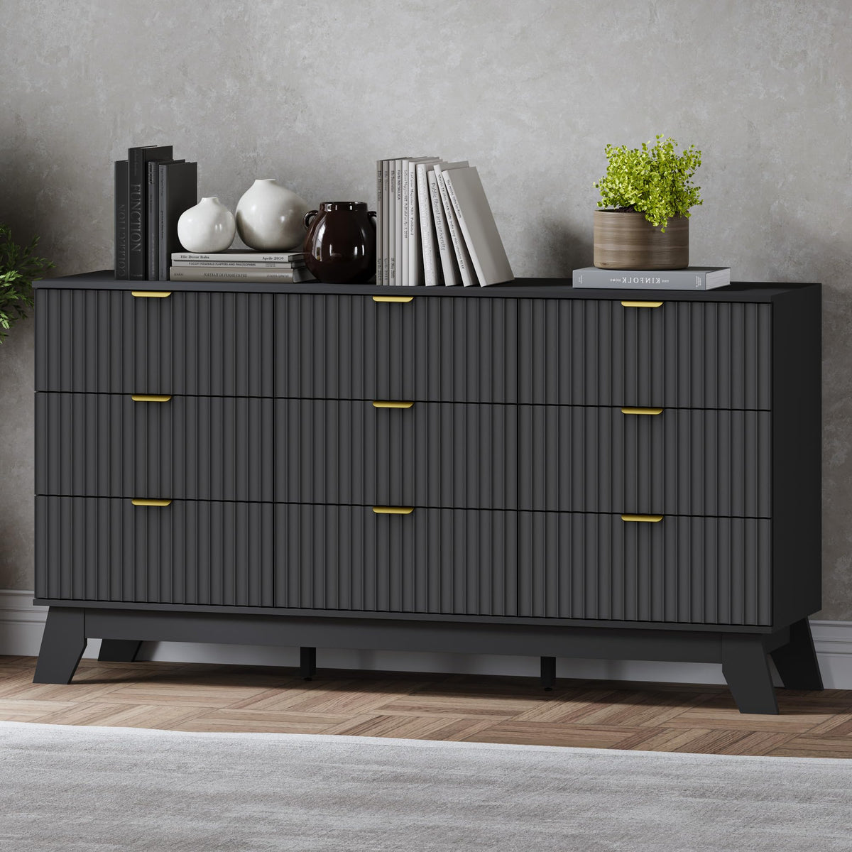 BORNOON Fluted 9 Drawer Dresser, 57.1 Wide Modern Boho Chest of Drawers, Wooden Storage Dresser TV Stand for Bedroom, Living Roo