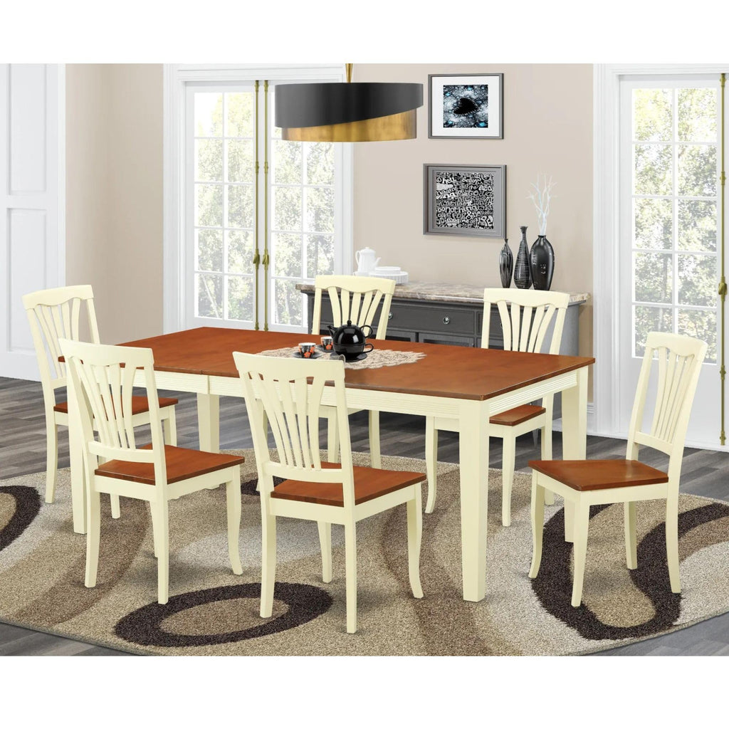 East West Furniture QUAV7-WHI-W 7 Piece Dining Table Set Consist of a Rectangle Dining Room Table with Butterfly Leaf and 6 Wooden Seat Chairs, 40x78 Inch, Buttermilk & Cherry