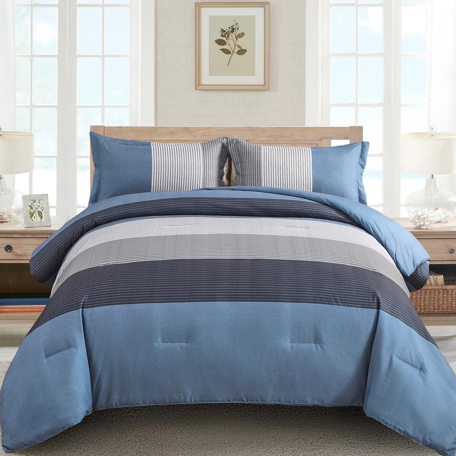 Comforter Set King Size, Reversible Blue Grey Striped Patchwork Down Alternative Comforter For Queen Bed,3 Pieces (1 Comforter+2