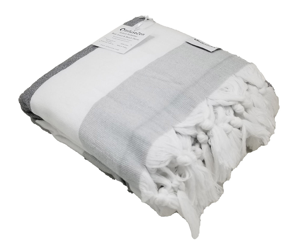 InfuseZen Soft Terryback Large Turkish Towel, Striped Terry Backed Peshtemal Bath Towel, Gym and Beach Towel, Thin Oversized Ham
