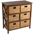 eHemco 3 Tier X-Side End Storage Cabinet with 6 Wicker Baskets, Walnut