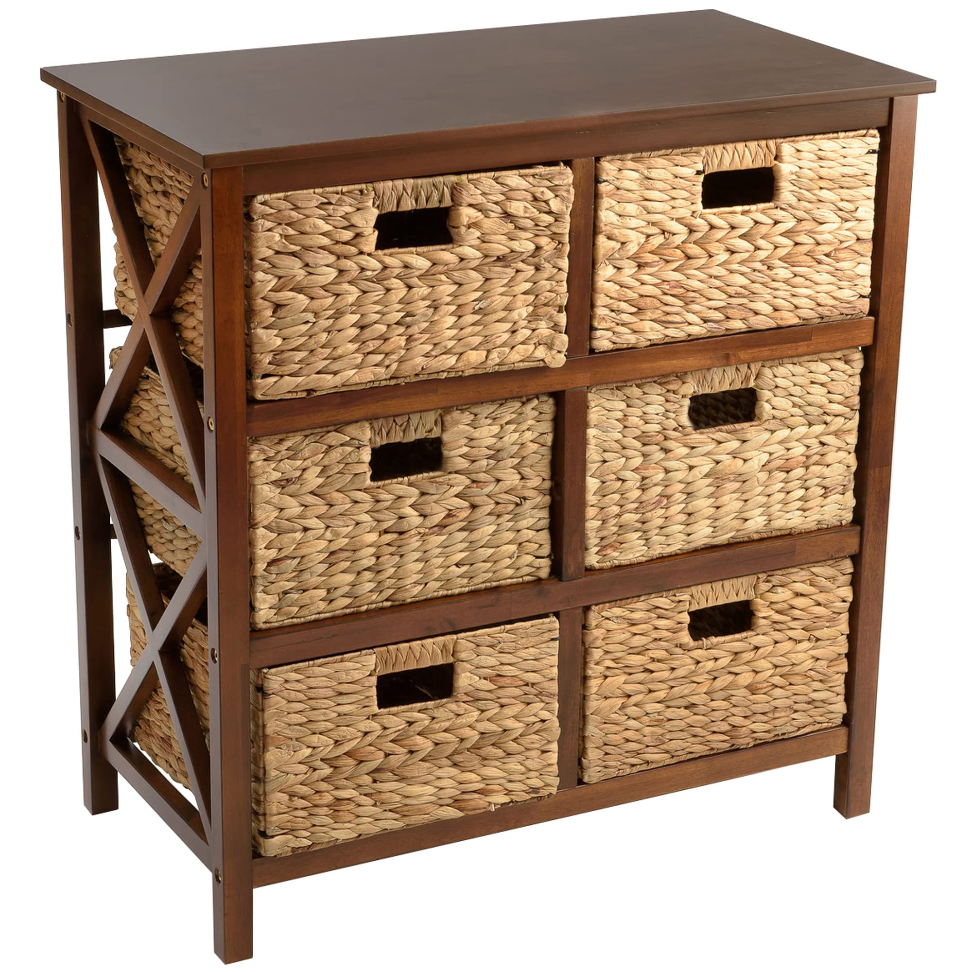 eHemco 3 Tier X-Side End Storage Cabinet with 6 Wicker Baskets, Walnut