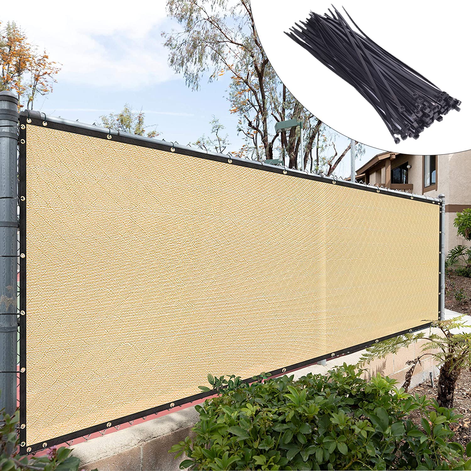 Royal Shade Custom Size 5' X 72' Beige Fence Privacy Screen Windscreen Cover Netting Mesh Fabric Cloth - Cable Zip Ties Included
