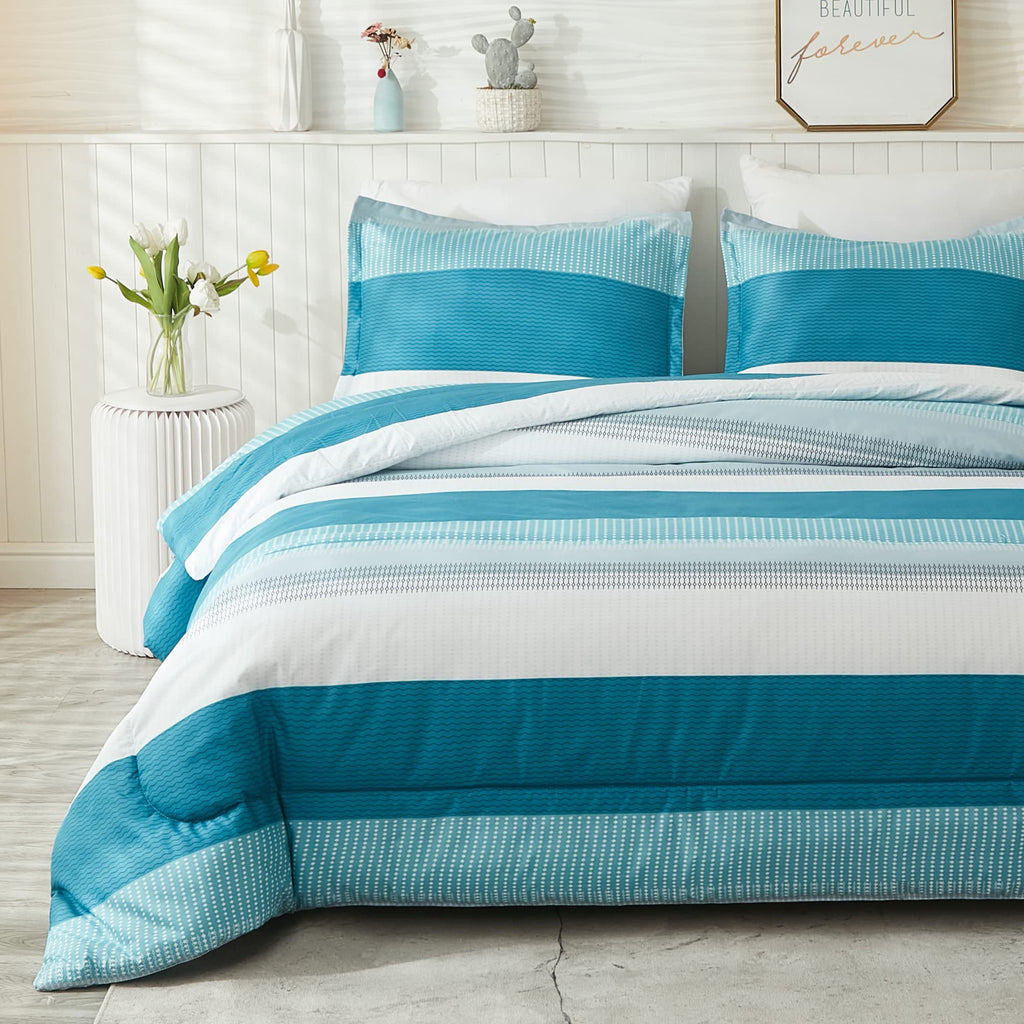 Litanika King Comforter Set White Teal - 3 Pieces Lightweight Fluffy Bedding Comforter Sets, All Season Down Alternative Comfort