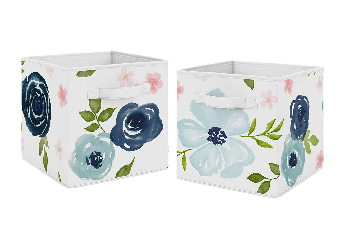Sweet Jojo Designs Navy Blue and Pink Watercolor Floral Foldable Fabric Storage Cube Bins Boxes Organizer Toys Kids Baby Childre