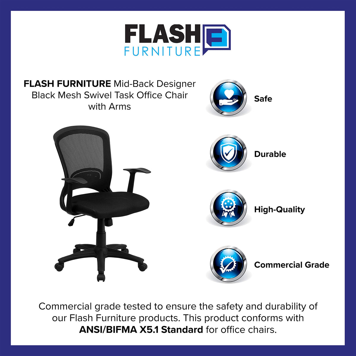 Flash Furniture Manny Mid-Back Designer Black Mesh Swivel Task Office Chair with Arms