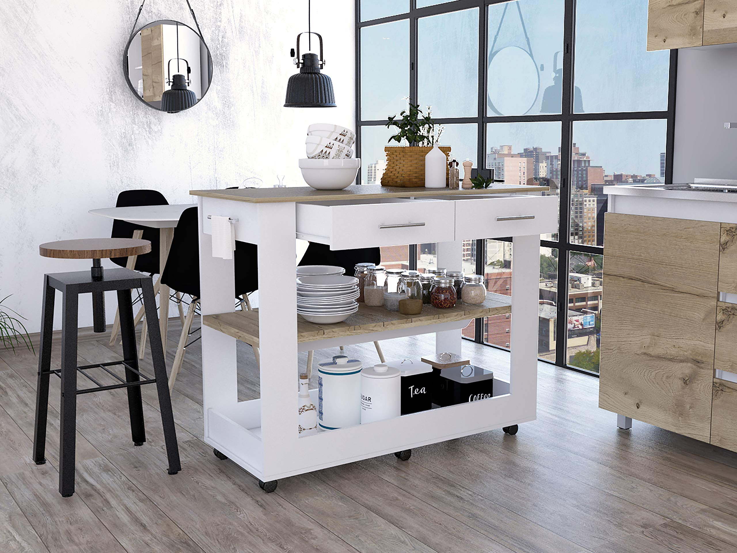 Fm Furniture Brooklyn 80 Light Oak Accented Kitchen Island, With Shelves And Drawers