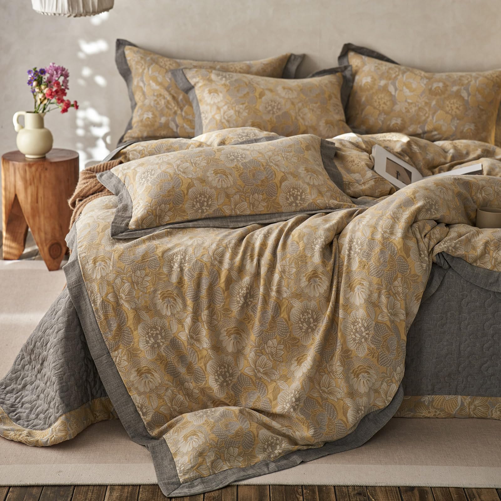 Eavd Vintage Style Yellow Floral Duvet Cover King Soft 100% Muslin Cotton Yarn-Dyed Jacquard Textured Bedding Set With 2 Pillowc