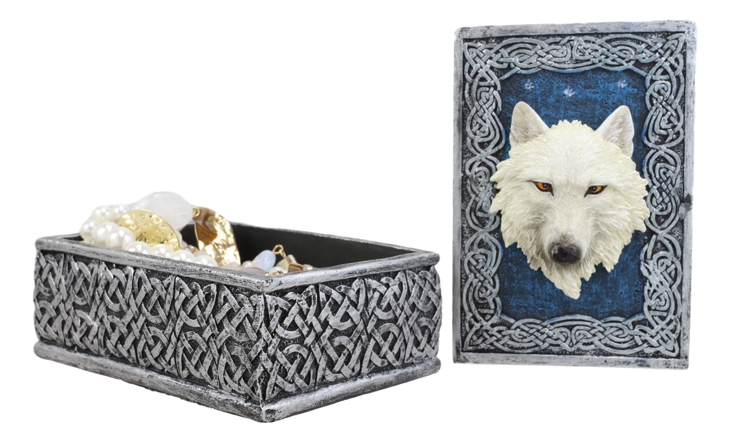 Ebros Gift Celtic Blue Starry Night Element Alpha Wolf Rectangular Decorative Box Figurine As Keepsake Jewelry Stash Storage Dec