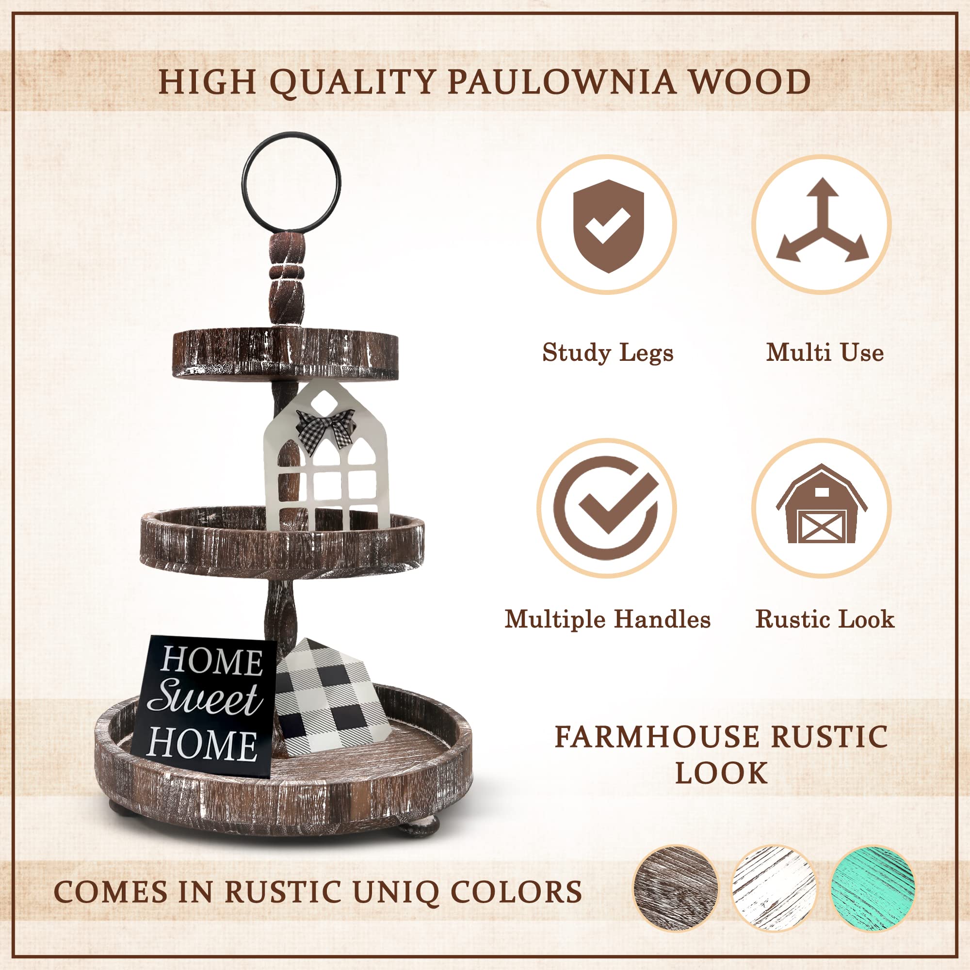 Aonehome Adjustable 3 Tiered Tray Stand With Farmhouse Decor, Brown Tiered Tray Decorative Trays - 3 Tier Cupcake Stand - 3 Tier