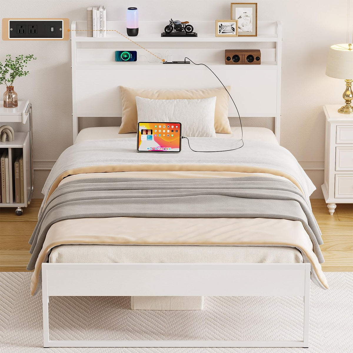 Elephance Twin Bed Frames with Charging Station and Storage Headboard, No Box Spring Needed, Noise Free, Easy Assembly