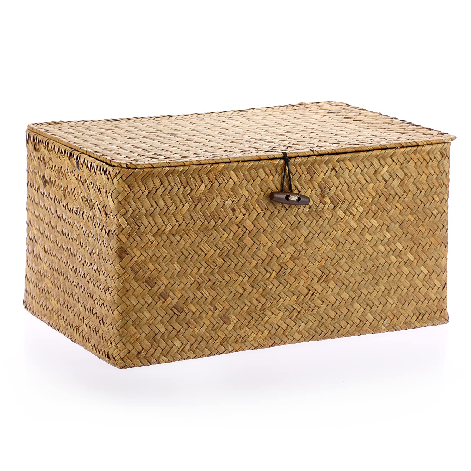 Hipiwe Wicker Shelf Baskets Bin with Lid, Handwoven Seagrass Basket Storage Bins Rectangular Household Basket Boxes for Shelf Wa