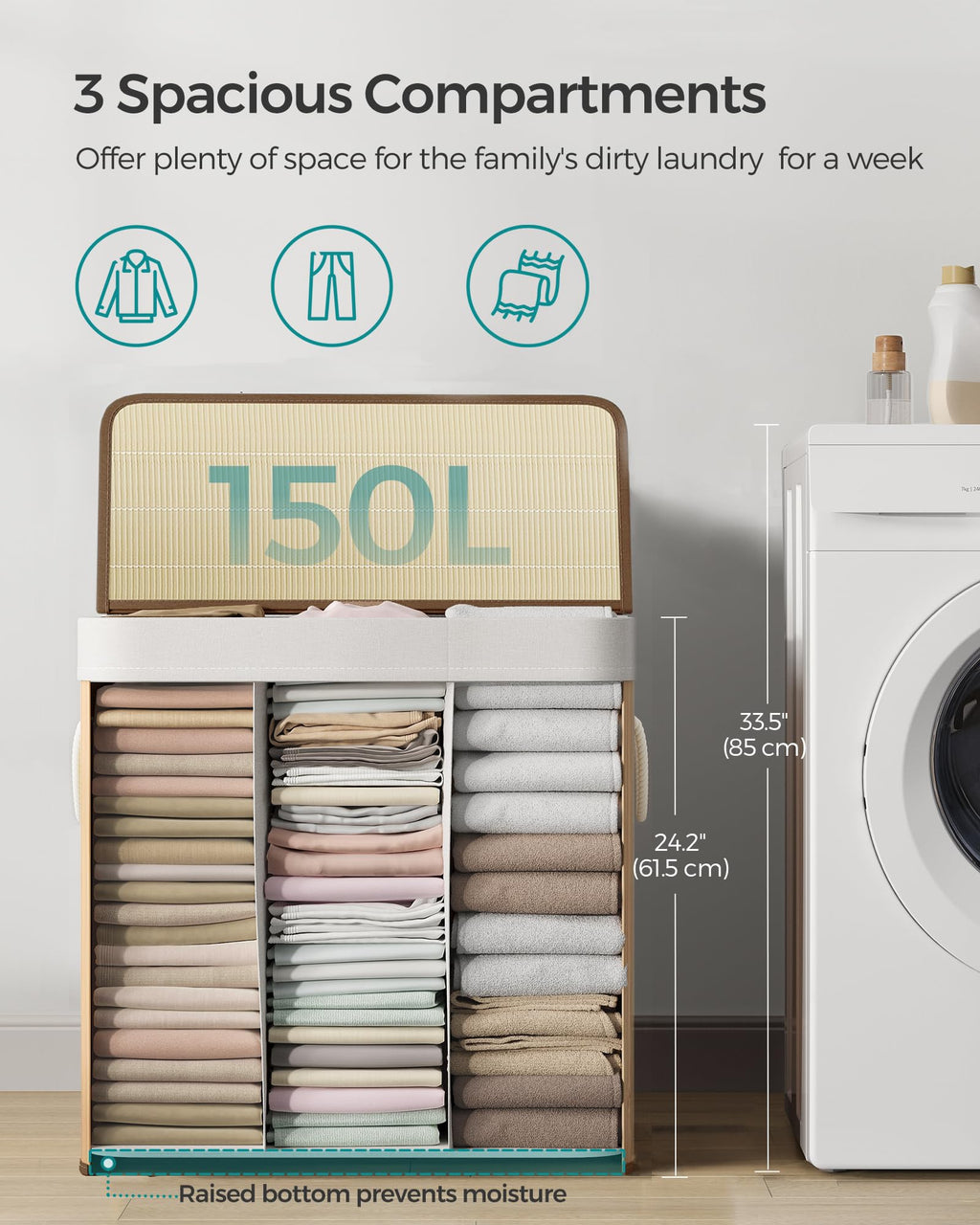 Songmics Laundry Hamper, 39.6 Gallons (150L), 3-Section Laundry Basket, Laundry Hamper With Lid, Bamboo, Foldable, Removable And