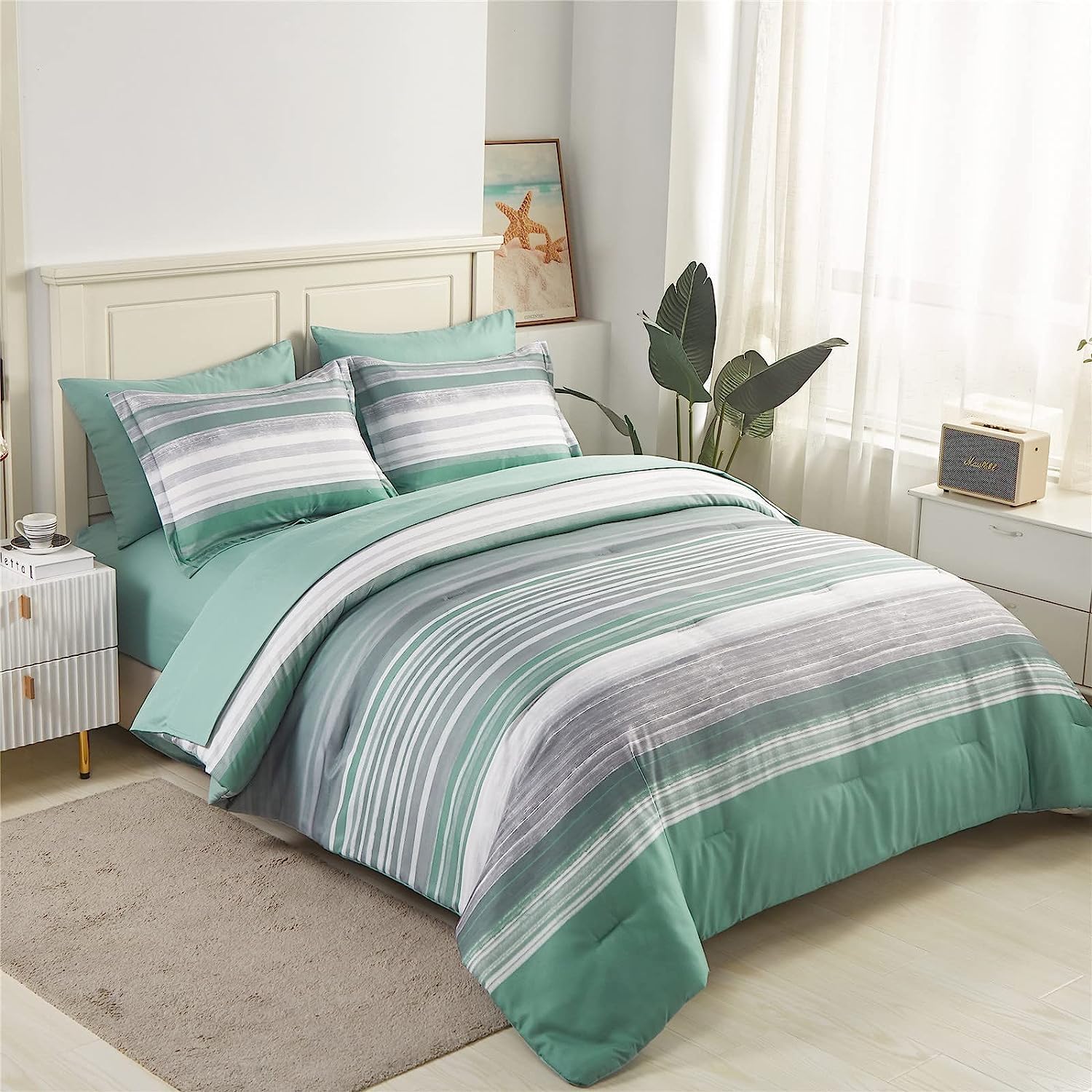Kakijumn 5 Piece Bed In A Bag Stripe Comforter Set Twin Size, White Grey Sage Green Patchwork Striped Comforter And Sheet Set, A