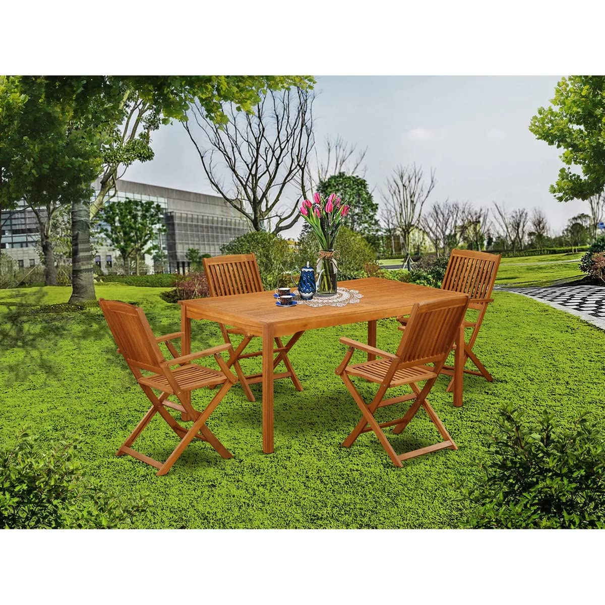 East West Furniture Cmcm5Cana Cameron 5 Piece Patio Bistro Dining Furniture Set Includes A Rectangle Outdoor Acacia Wood Table And 4 Folding Arm Chairs, 36X66 Inch, Natural Oil