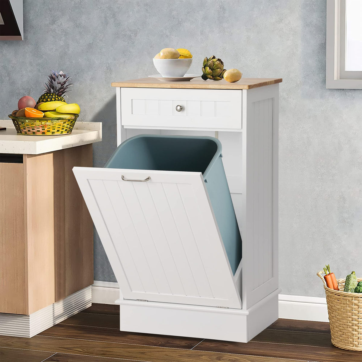 Louvixa Tilt Out Trash Bin Cabinet Dog Proof Trash Can Holder Kitchen Island With Garbage Bin Or Tilt Out Laundry Hamper (White)